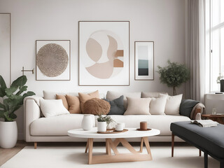Design a Scandinavian-inspired modern living room with a white corner sofa featuring terra cotta cushions