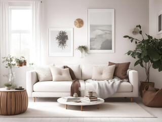 Design a Scandinavian-inspired modern living room with a white corner sofa featuring terra cotta cushions