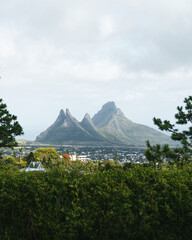 Panoramic and fantastic view of Curepipe and the Three Mammals Mountains Mauritius. Balcony of trou aux cerfs, deer hole. Opposite is part of the Mauritian city or village.