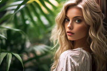 Fototapeta premium Portrait of romantic boho long hair white woman in botanical garden. Feminine natural beauty concept. Beautiful charming female fashion model.