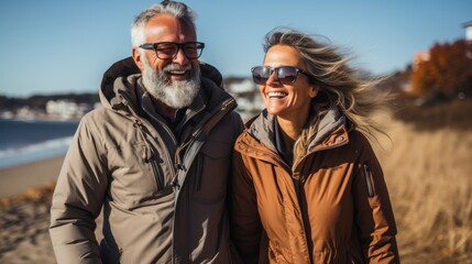 Fototapeta premium an adult couple enjoying a walk by the sea