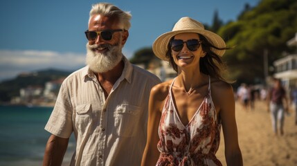an adult couple enjoying a walk by the sea