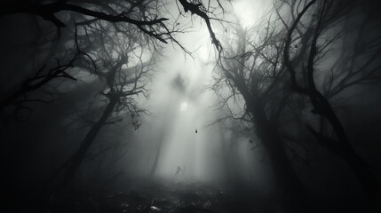 Low angle shot - Halloween background - fog - most - dreary night - scary and spooky trees 