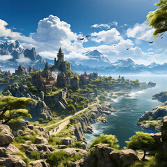 Fantasy Landscape: Majestic Castle Amidst Vibrant Nature