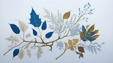 blue and yellow leaves on white background