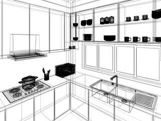 modern kitchen room  interior design, 3d rendering