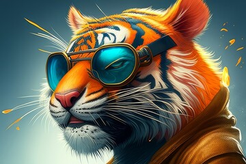 Tiger with sunglasses and a motorcycle helmet. 3D illustration.