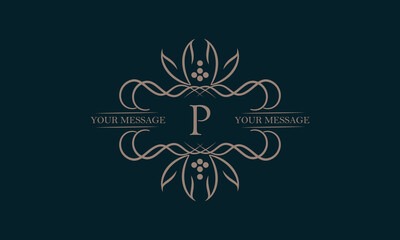 Luxury logo with letter P and beautiful stylish floral ornament. Elegant frame design in vector illustration. Monogram, emblem.