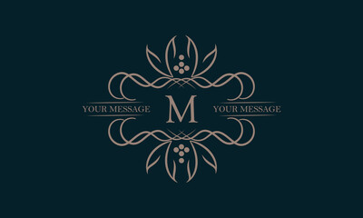 Luxury logo with letter M and beautiful stylish floral ornament. Elegant frame design in vector illustration. Monogram, emblem.