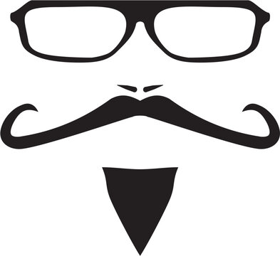 Vector illustration with men face with long mustache and huge, hipster glasses. Black american retro truck driver silhouette isolated on white background.