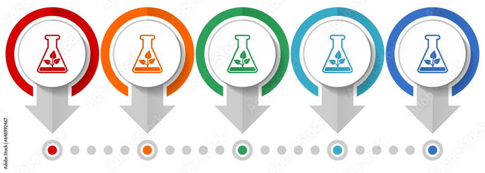 Aufkleber Laboratory flask with plan vector icon set, flat design infographic template, set pointer concept icons in 5 color options for webdesign and mobile applications