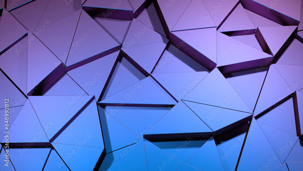 Poster computer animation of disappearing and appearing triangles. design. 3d background with triangular pa