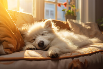 White fluffy sleeping dog on sofa indoors, resting tired purebred pet