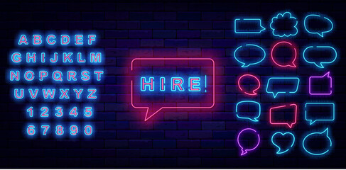 Hire neon emblem. Speech bubble frames collection. Free vacancy. Job searching design. Vector stock illustration