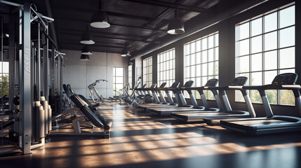 Fitness equipment in a contemporary gym within a fitness center, devoid of people - obrazy, fototapety, plakaty