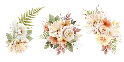 Watercolor set of flower bouquets with soft light blush roses and leaves.  Arrangement for greeting cards, stationery, wedding invitations and decorations. Hand painted  illustration. - 648993817