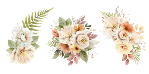 Watercolor set of flower bouquets with soft light blush roses and leaves.  Arrangement for greeting cards, stationery, wedding invitations and decorations. Hand painted  illustration.