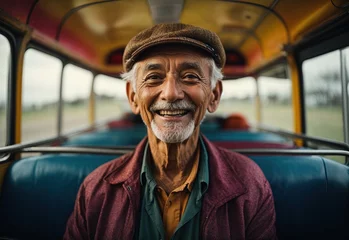 Cercles muraux Ancien avion Very happy old man inside bus