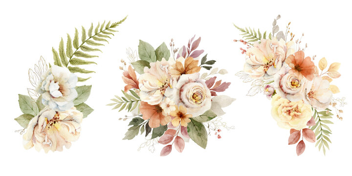 Watercolor set of flower bouquets with soft light blush roses and leaves. Arrangement for greeting cards, stationery, wedding invitations and decorations. Hand painted illustration. © ElenaMedvedeva