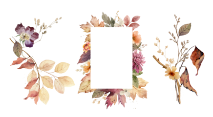 Watercolor set of flower wreaths with neutral flowers and leaves.  Arrangement for greeting cards, stationery, wedding invitations and decorations. Hand painted  illustration.