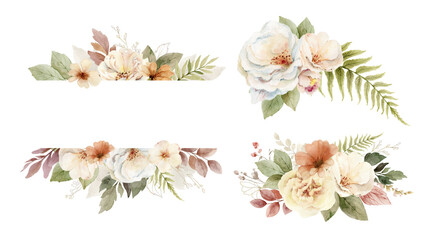 Fototapeta na wymiar Watercolor set of flower wreaths with neutral flowers and leaves. Arrangement for greeting cards, stationery, wedding invitations and decorations. Hand painted illustration.
