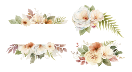 Watercolor set of flower wreaths with neutral flowers and leaves.  Arrangement for greeting cards, stationery, wedding invitations and decorations. Hand painted  illustration.