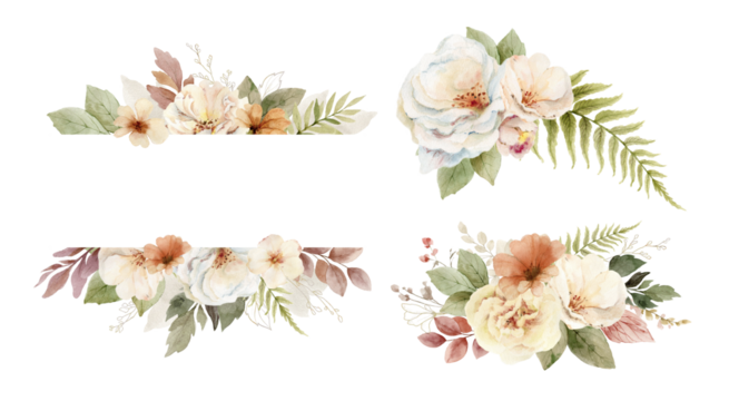 Watercolor set of flower wreaths with neutral flowers and leaves. Arrangement for greeting cards, stationery, wedding invitations and decorations. Hand painted illustration.