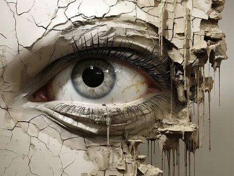 AI-generated illustration of a woman's eye and eyebrow, surrounded by cracked mud or plaster, and floating in mid-air. MidJourney.