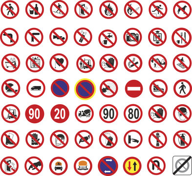 Prohibition signs for various companies or industries. No entry signs, varied traffic, etc.