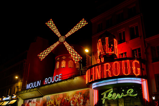 Paris, France; 8th August 2023: Moulin Rouge by night in Paris