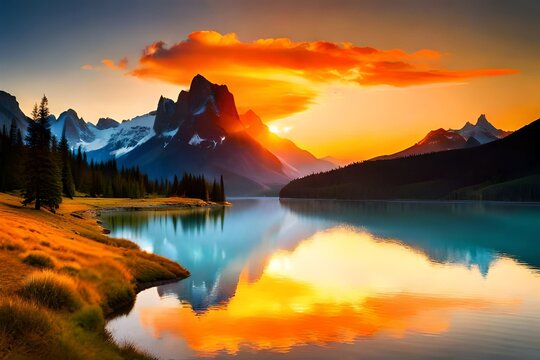 P&ocirc;r do sol sobre o Lago Louise, Parque Nacional de Banff, Alberta, Canad&aacute;