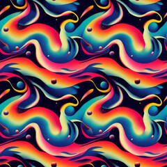 Fototapeta premium Psychedelic trippy retro cosmic seamless pattern. Vintage abstract futuristic background.