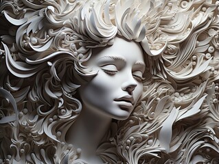 AI-generated illustration of a sleeping female beauty with flowing hair, carved in white stone. MidJourney.