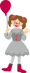 Halloween party illustration element of a girl in clown costume with face paint & a red balloon. Cute, spooky & fun background material for design