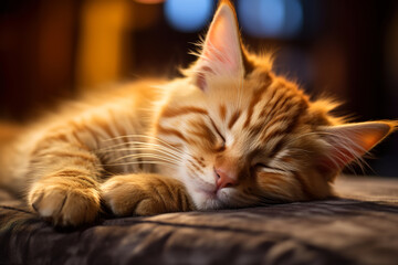 Close-up ginger kitten sleeping on the sofa, cute pet resting indoors