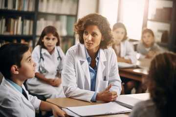 Fototapeta premium Female doctor or school lecturer discussing with students. Medicine or chemistry students concept.generative ai 