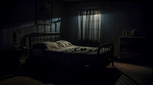 dark spooky room with an old bed, a nightmare and a ghost under the bed
