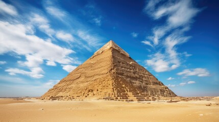 Ancient marvel in Egypt, Great Pyramid of Giza. Majestic stone structure, towering height against clear blue sky. Historical treasure of ancient civilization.