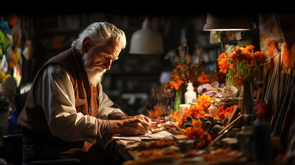 Obraz premium Senior artist focused in studio, hands working on intricate details. 