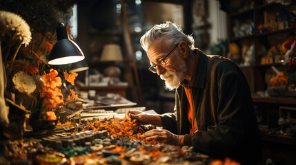 Artisan's dedication, elderly artist immersed in studio craftsmanship.
