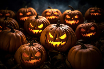 Generative AI illustration of illuminated carved pumpkins with different evil faces in darkness at Halloween night