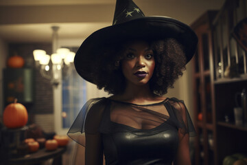 Generative AI illustration of beautiful Afro American woman wearing the witch dress and hat at the Halloween party in blurred background