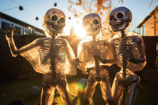 Generative AI illustration of decoration of the happy and playful skeletons at the sunny backyard in blurred background
