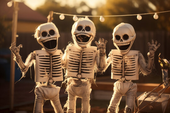 Generative AI illustration of decoration of the happy and playful skeletons at the sunny backyard