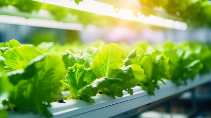 Cultivation of lettuce vegetables using hydroponics on a farm in the agricultural industry