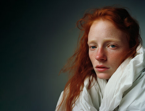 Generative AI illustration of portrait of melancholic redhead woman dressed In white looking at camera against dark background