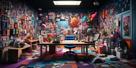 Room flooded with colorful paper sticky notes and office supplies - obrazy, fototapety, plakaty