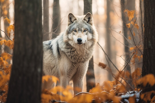 Generative AI illustration of concentrated white wild wolf with looking at camera amidst lush forest in autumn