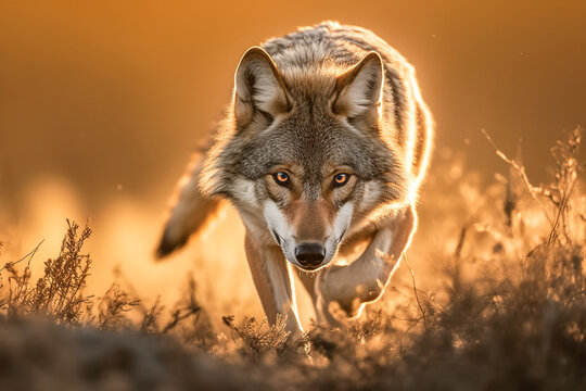 Fototapeta Generative AI illustration of concentrated fox with looking at camera amidst forest at sunset in blurred background