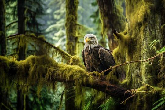 Generative AI illustration of powerful eagle flying in green swamp full of moss in blurred background